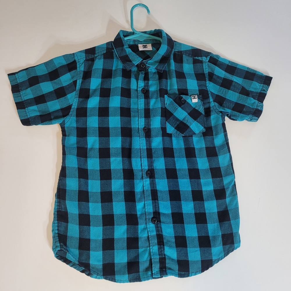 DC Boys Button Down Black/Teal Plaid Shortsleeve
